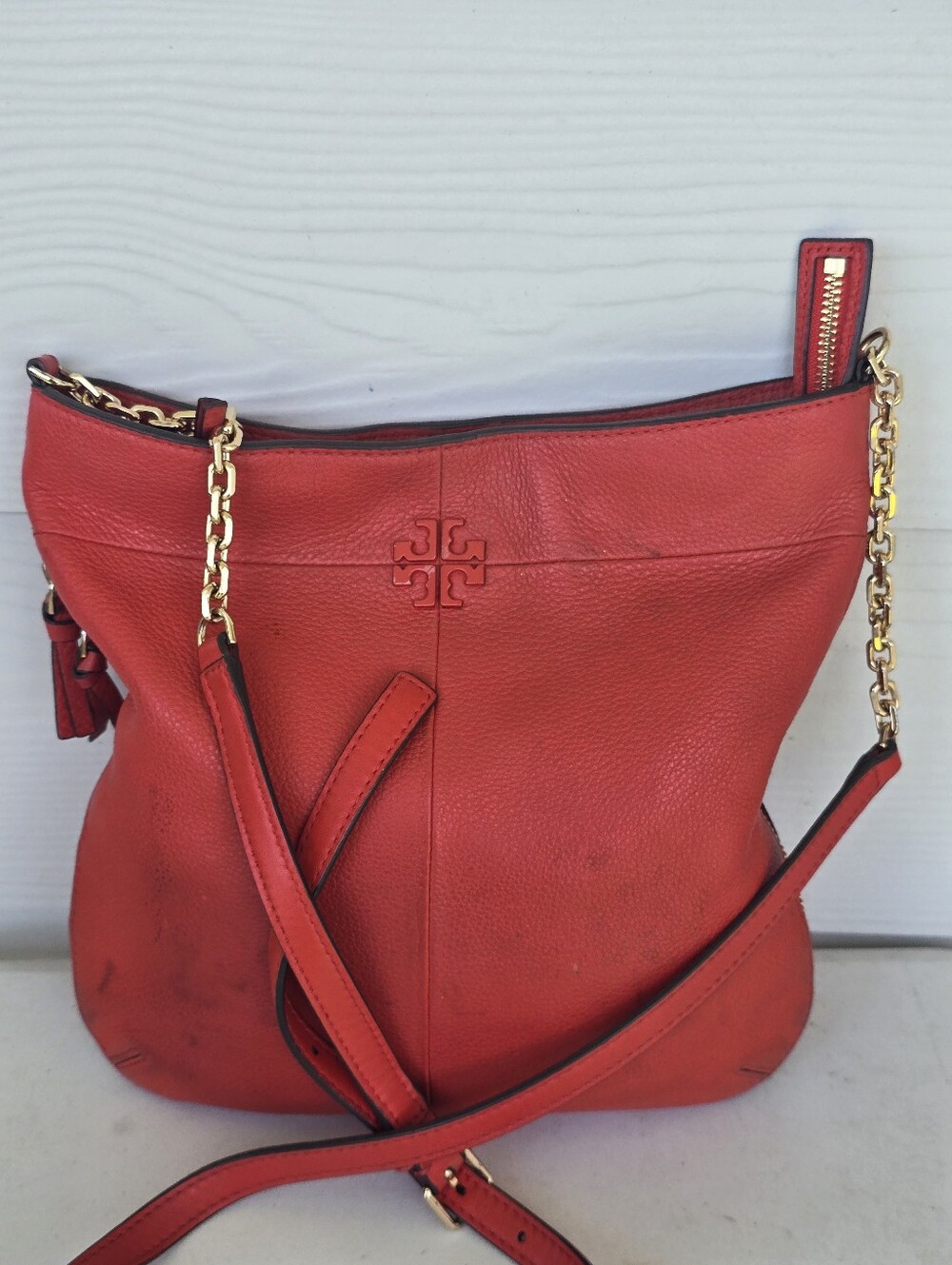 Tory Burch Red Pebbled Leather Crossbody Shoulder Bag Gold Chain Tassel - Picture 7 of 15
